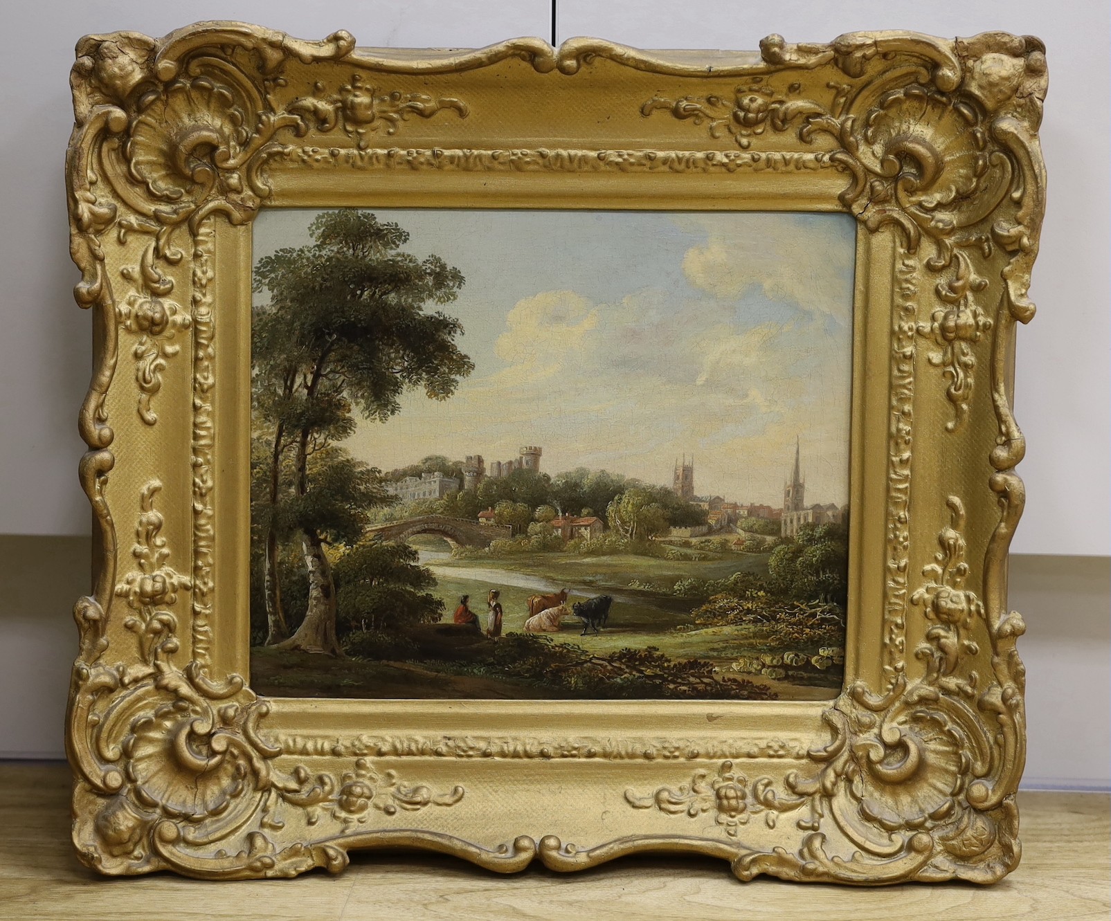 19th century English School, oil on canvas, Cattle drover in a landscape with castle beyond, 24 x 30cm